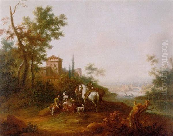 A River Landscape With An Elegant Couple Resting By Their Horses, A Villa Beyond Oil Painting by Vittorio Amadeo Cignaroli