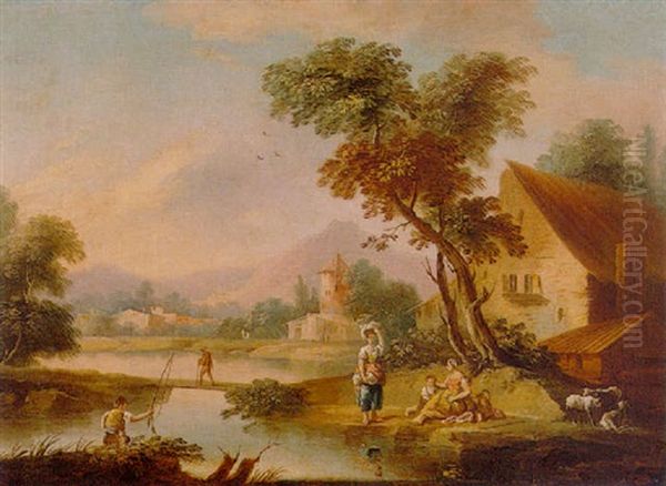 A River Landscape With An Angler And Washerwomen On The Banks Of A River Oil Painting by Vittorio Amadeo Cignaroli