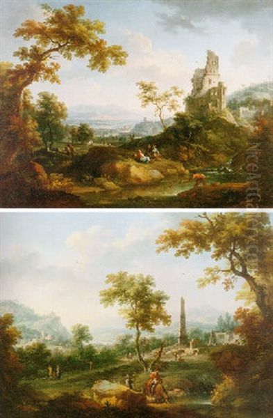 An Extensive River Landscape With Figures Resting By A River, A Ruined Tower Beyond Oil Painting by Vittorio Amadeo Cignaroli