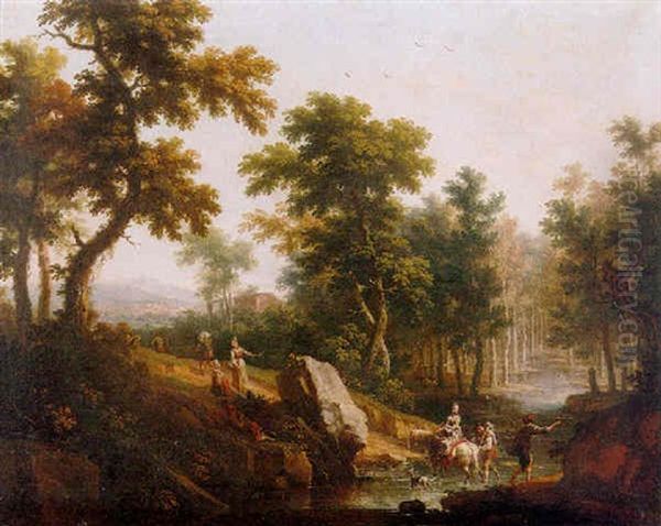 A Wooded Landscape With Travellers Crossing A Ford On Horseback And On Foot Oil Painting by Vittorio Amadeo Cignaroli