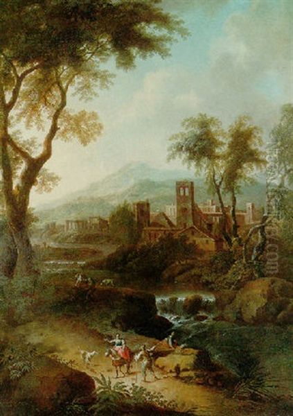 An Italianate Wooded River Landscape With Travellers On A Path, A Town Beyond Oil Painting by Vittorio Amadeo Cignaroli