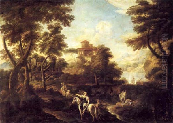 Italianate Landscape With Figures And A Horsewoman By A     Stream Oil Painting by Vittorio Amadeo Cignaroli