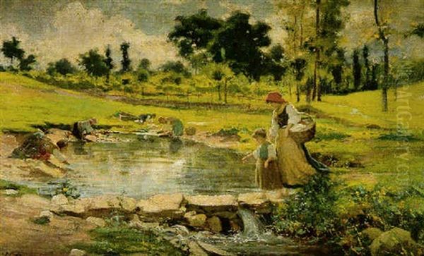 Washerwomen By The River Oil Painting by Luigi Cima