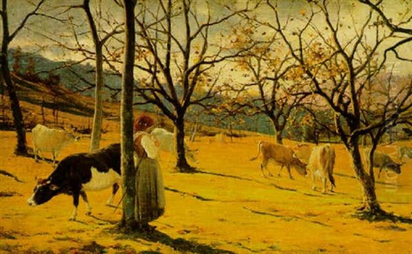 Cattle Grazing Oil Painting by Luigi Cima