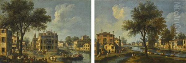 Village Scenes On The Brenta Canal Oil Painting by Giovanni Battista Cimaroli