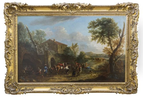 Travellers At A Blacksmith Oil Painting by Giovanni Battista Cimaroli