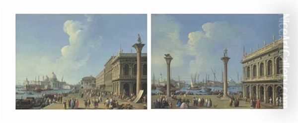 The Piazzetta San Marco, Venice, With The Libreria, The Columns Of Saints Mark And Theodore (+ The Riva Degli Schiavoni, Venice, With Figures Near The Libreria And Column Of Saint Theodore; Pair) Oil Painting by Giovanni Battista Cimaroli