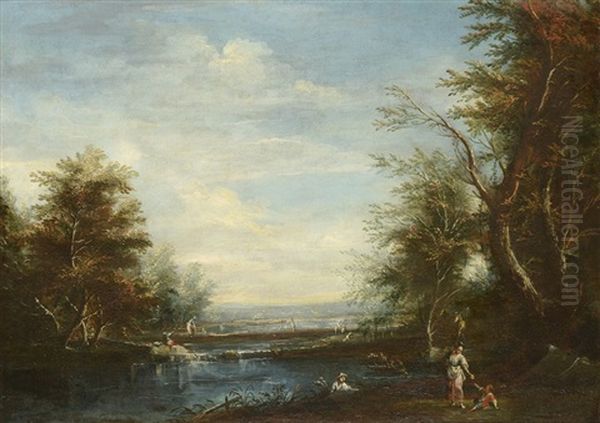 Paysage Anime Au Bord D'une Riviere Oil Painting by Giovanni Battista Cimaroli