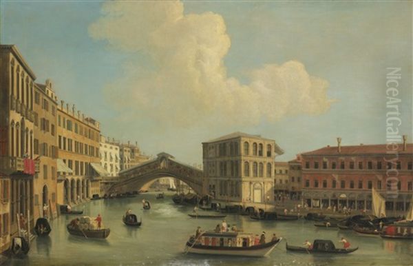 Venice, A View Of The Rialto Bridge, Looking South, With The Palazzo Dei Camerlenghi Oil Painting by Giovanni Battista Cimaroli