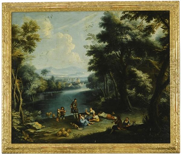 Three Pastoral River Landscapes With Figures At Work And At Rest (3 Works) Oil Painting by Giovanni Battista Cimaroli