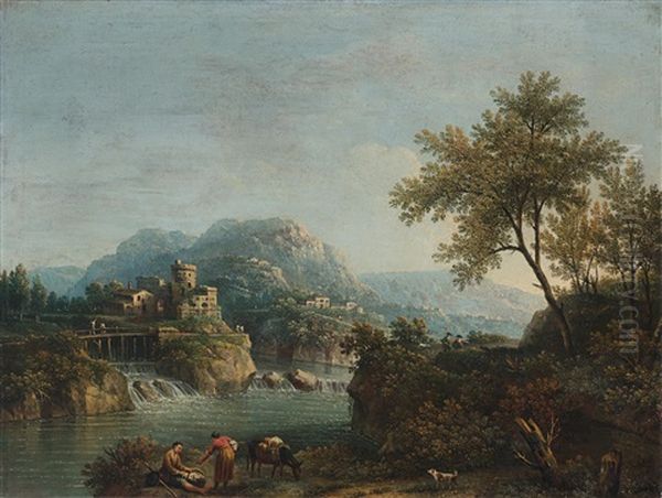 Flusslandschaft Mit Figuren Und Einem Esel; Und Flusslandschaft Mit Hirt, Reiter Und Herde (pair) Oil Painting by Giovanni Battista Cimaroli