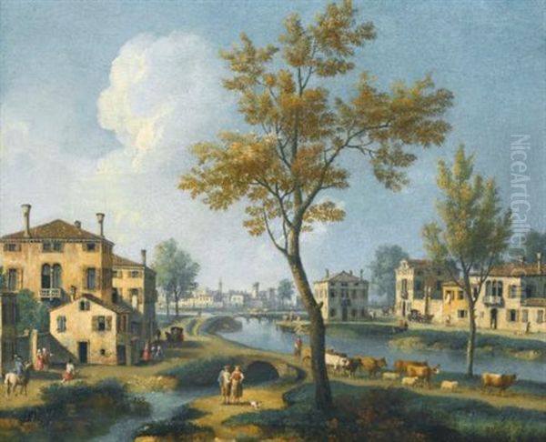 A Landscape At The Outskirts Of A Town With A Peasant Driving His Cattle Along A River Bank Oil Painting by Giovanni Battista Cimaroli