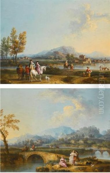 An Italianate Landscape With Elegant Figures On Horseback, Before A Riverside Town; An Italianate Landscape With Horsemen Crossing A Bridge, A Lady And Gentleman In The Foreground (pair) Oil Painting by Giovanni Battista Cimaroli