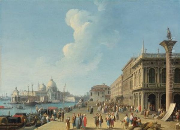 Venice A View From The Piazzetta, Looking West Towards The Dogana And Santa Maria Della Salute(+ Venice, A View Of The Molo From The Piazzetta, Looking South To San Giorgio Maggiore; Pair) Oil Painting by Giovanni Battista Cimaroli