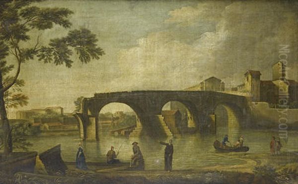 Elegant Figures On A Shore Before The Ponte Rotto On The Tiber Oil Painting by Giovanni Battista Cimaroli