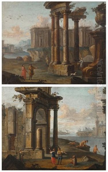 Palais Classique Et Ruines Antiques Devant Un Rivage De Mediterranee (pair) Oil Painting by Giovanni Battista Cimaroli