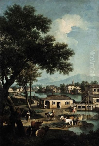 Paesaggio Del Brenta Alla Chiusa Di Dolo Oil Painting by Giovanni Battista Cimaroli