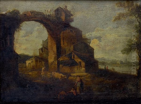 Caprice Architectural Anime De Paysans Dans Un Paysage Oil Painting by Giovanni Battista Cimaroli