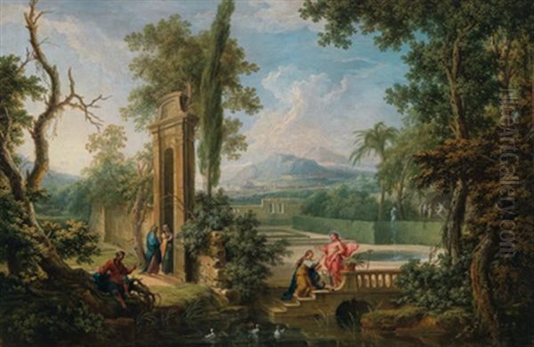 Weite Klassische Landschaft Mit Christus Und Magdalena Sowie Die Begegnung Von Maria Und Elisabeth Oil Painting by Giovanni Battista Cimaroli