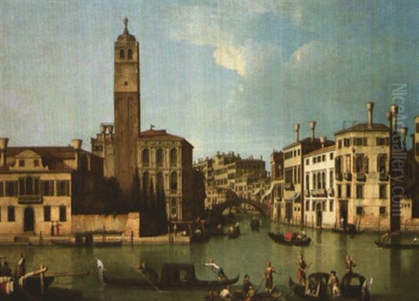 Venezia, Veduta Del Canal Grande E Di Cannaregio Verso Il Ponte Delle Guglie Con La Chiesa Di San Geremia Oil Painting by Giovanni Battista Cimaroli