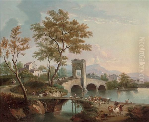 A Landscape With Drovers And Their Cattle Crossing A Bridge Oil Painting by Giovanni Battista Cimaroli