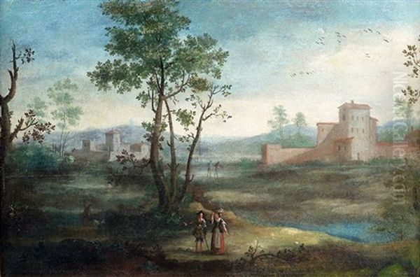 Sudliche Landschaft Mit Kastell Und Figurenstaffage (pair) Oil Painting by Giovanni Battista Cimaroli