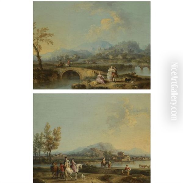 An Italianate Landscape With Elegant Figures On Horseback, Before A Riverside Town (+ An Italianate Landscape With Horsemen Crossing A Bridge, A Lady And A Gentleman With Their Dogs In The Foreground; Oil Painting by Giovanni Battista Cimaroli