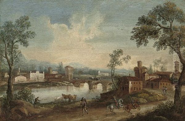 An Italianate Wooded River Landscape With Figures On Horseback Oil Painting by Giovanni Battista Cimaroli