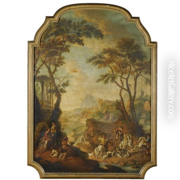 A Wooded River Landscape With A Hunting Party In The Foreground Oil Painting by Giovanni Battista Cimaroli