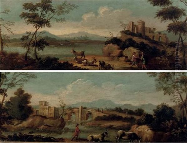 An Italianate River Landscape With A Herdsman Tending Cows And Travellers On A Track (+ An Italianate River Landscape With Peasants Tending Their Flock; 2 Works) Oil Painting by Giovanni Battista Cimaroli