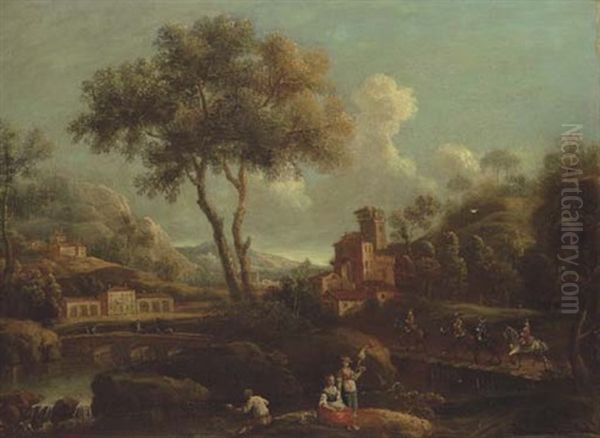 An Italianate Landscape With Peasants Fishing By A River, Horsemen Crossing A Bridge Beyond Oil Painting by Giovanni Battista Cimaroli