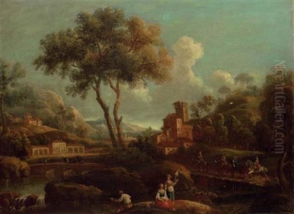 An Italianate Landscape With Peasants Fishing By A River, Horsemen Crossing A Bridge Beyond Oil Painting by Giovanni Battista Cimaroli