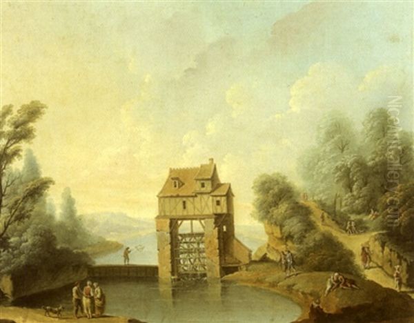 Moulin A Eau Sur Une Riviere (+ Le Retour Du Troupeau Devant Un Village Fortifie; Pair) Oil Painting by Giovanni Battista Cimaroli