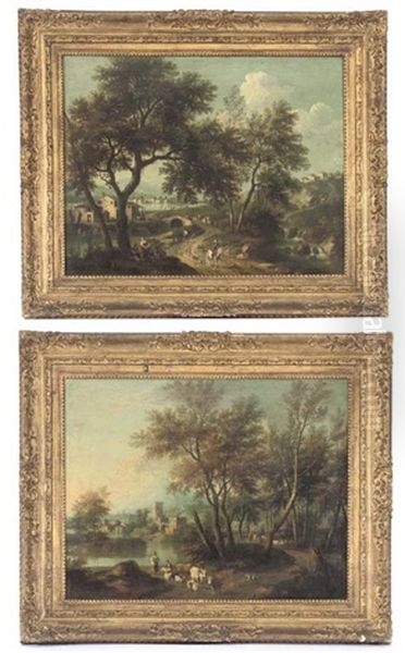 An Italianate River Landscape With Herdsmen (+ An Italianate River Landscape With Travellers; Pair) Oil Painting by Giovanni Battista Cimaroli