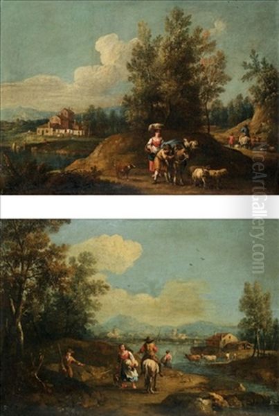 A River Landscape With A Horseman Conversing With A Woman On A Path, A Herdsman Watering His Cattle (+ A River Landscape With Herdsmen And Their Animals In The Foreground, A Town Beyond; Pair) Oil Painting by Giovanni Battista Cimaroli