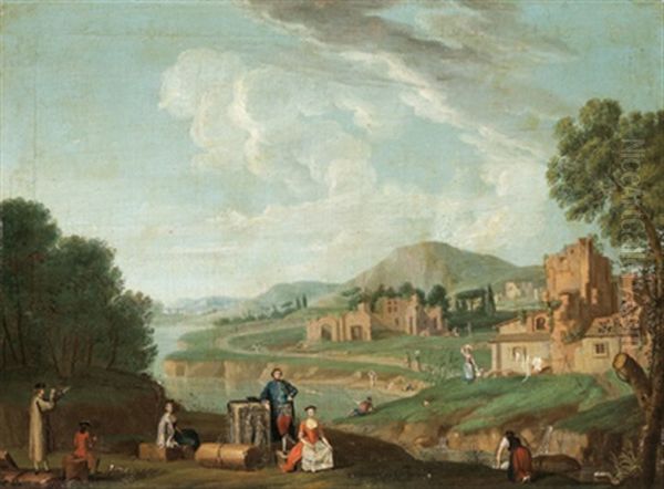 Paesaggio Fluviale Con Rovine E Figure Oil Painting by Giovanni Battista Cimaroli