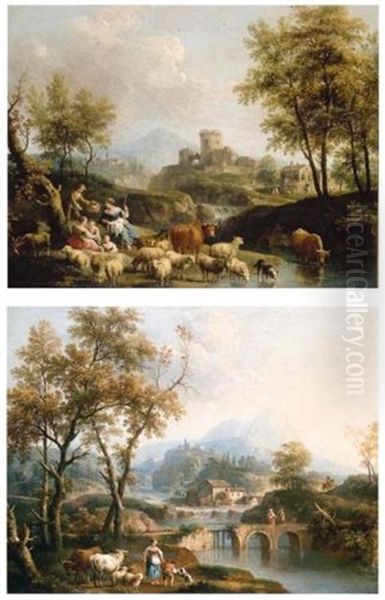 A Pastoral Landscape With Shepherdess Resting With Sheep And Cattle At A Watering-hole, A Capriccio View Of A Town Beyond (+ A River Landscape With A Shepherdess And A Boy Playing With A Dog; Pair) Oil Painting by Giovanni Battista Cimaroli