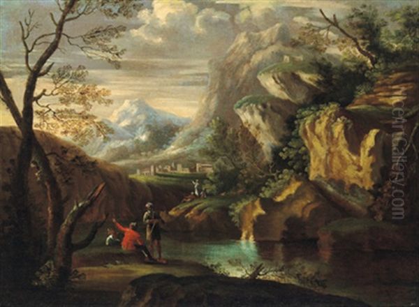 Paesaggio Fluviale Con Figure: Gebirgige Flusslandschaft Mit Figuren Oil Painting by Giovanni Battista Cimaroli