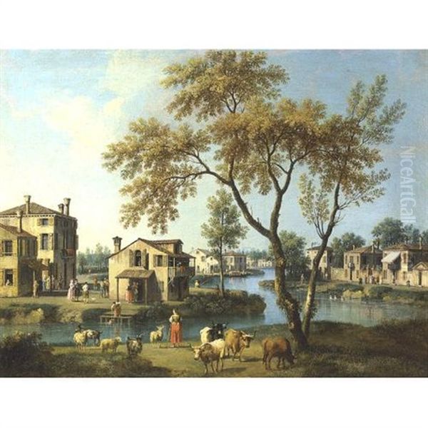 View Of A Town In The Veneto (+ Another Similar; Pair) Oil Painting by Giovanni Battista Cimaroli