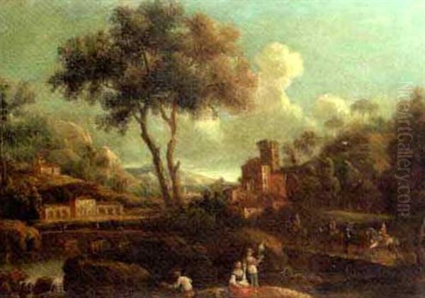 A Landscape With A Fisherman And Peasants Crossing A River, A Village And Mountains Beyond Oil Painting by Giovanni Battista Cimaroli