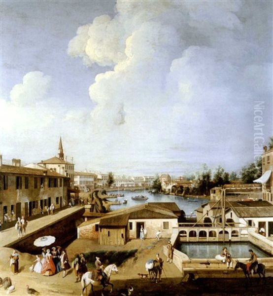 The Lock At Dolo On The Brenta Canal Oil Painting by Giovanni Battista Cimaroli