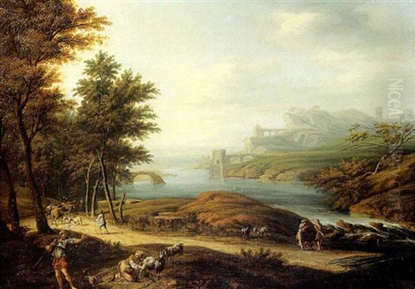 Paysage De Riviere Anime De Personnages Oil Painting by Giovanni Battista Cimaroli