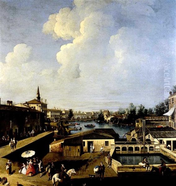 A View Of The Lock At Dolo On The Brenta Canal Oil Painting by Giovanni Battista Cimaroli