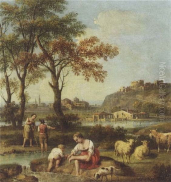 An Italianate Landscape With Figures Washing In A River Oil Painting by Giovanni Battista Cimaroli