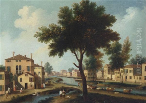 An Italianate Landscape With Figures And Cattle In A Town On A Canal Oil Painting by Giovanni Battista Cimaroli