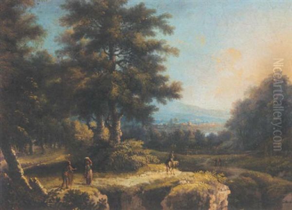 An Italianate Landscape With Figures In The Foreground, A Town In The Distance Oil Painting by Giovanni Battista Cimaroli