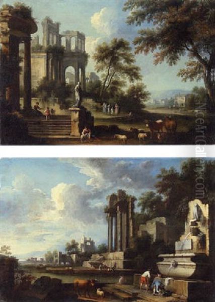 A Capriccio Landscape With Classical Ruins, Elegant Figures And A Cowherd In The Foreground Oil Painting by Giovanni Battista Cimaroli