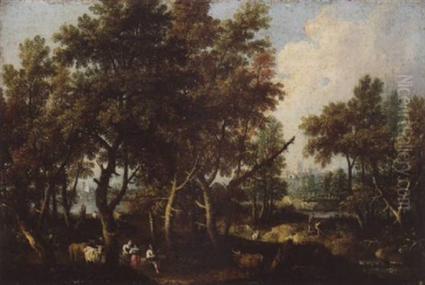 A Pastoral Landscape With Figures And Cattle Rested In A Wooded River Landscape Oil Painting by Giovanni Battista Cimaroli