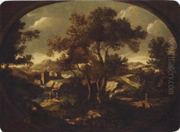 A Landscape With Travellers At Rest By A River, Other Figures On A Path, A Walled Town Beyond Oil Painting by Giovanni Battista Cimaroli