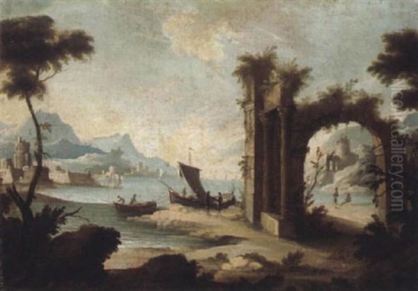 Paesaggio Arcadico Con Figure, Kustenlandschaft Mit Booten Und Einem Verfallenen Portikus Oil Painting by Giovanni Battista Cimaroli